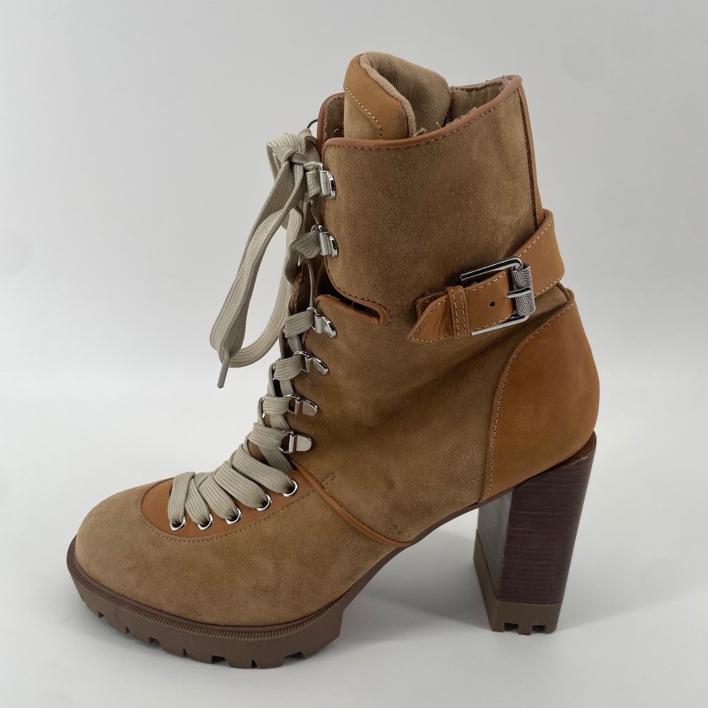 Steve Madden Londra Boot Women 10M Tan Suede Leather Hiker Lace Up Block Heel